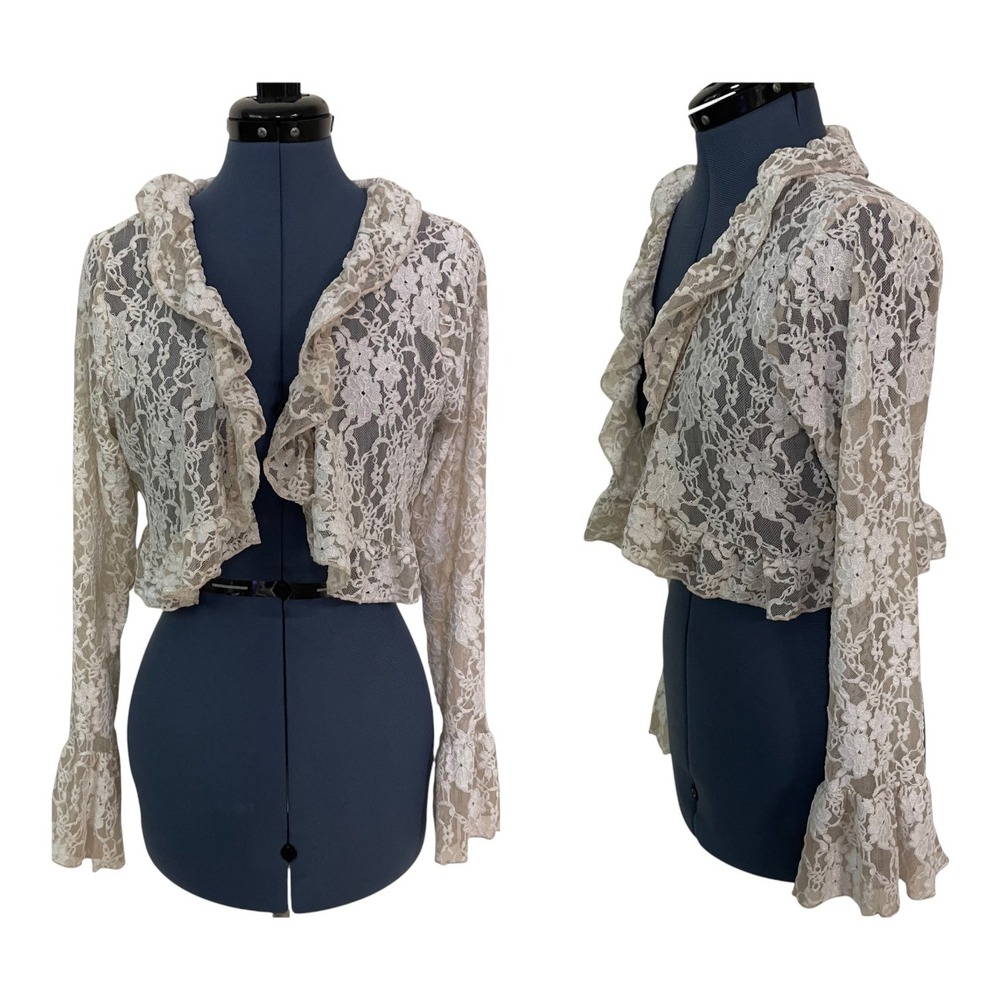 Thirty Thirty LA Floral Lace Ruffle Bolero Shrug Bell Sleeve Crop Jacket Boho XL